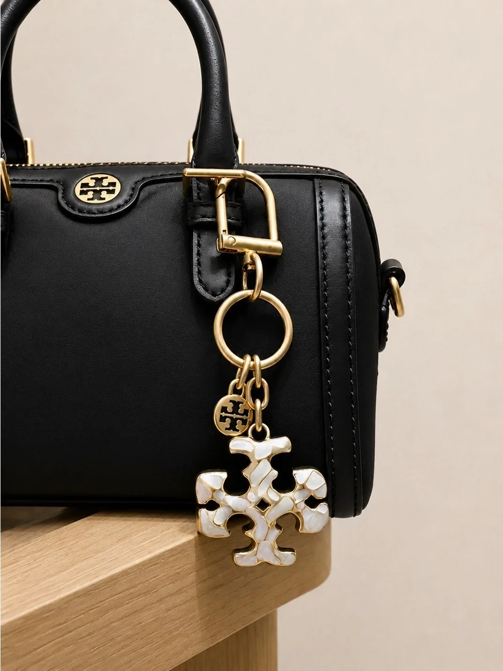 Tory Burch Kira Mosaic Double T Mother of Pearl Key Ring Bag Charm NWOT